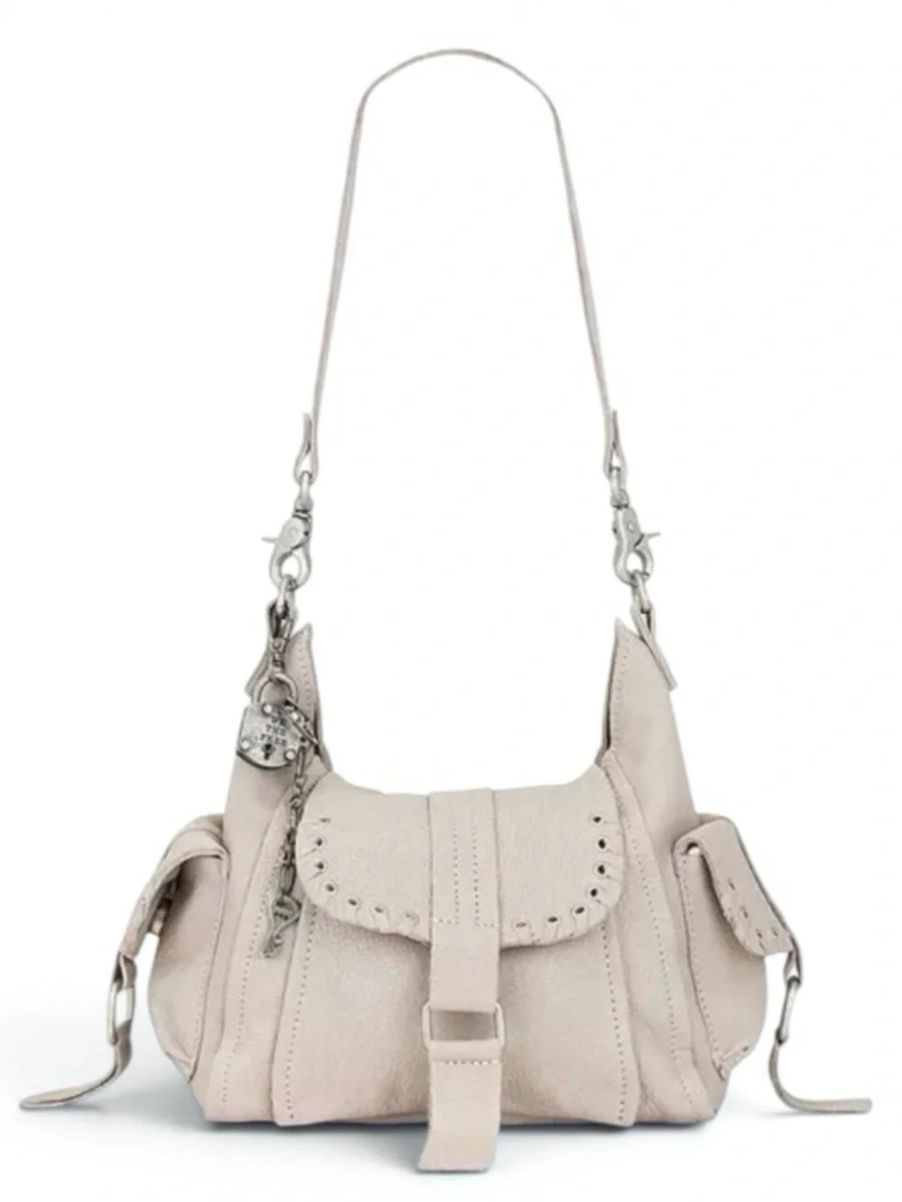 Free People Baby Leigh Pearl Leather Hobo Crossbody Shoulder Bag Lock Key Charm